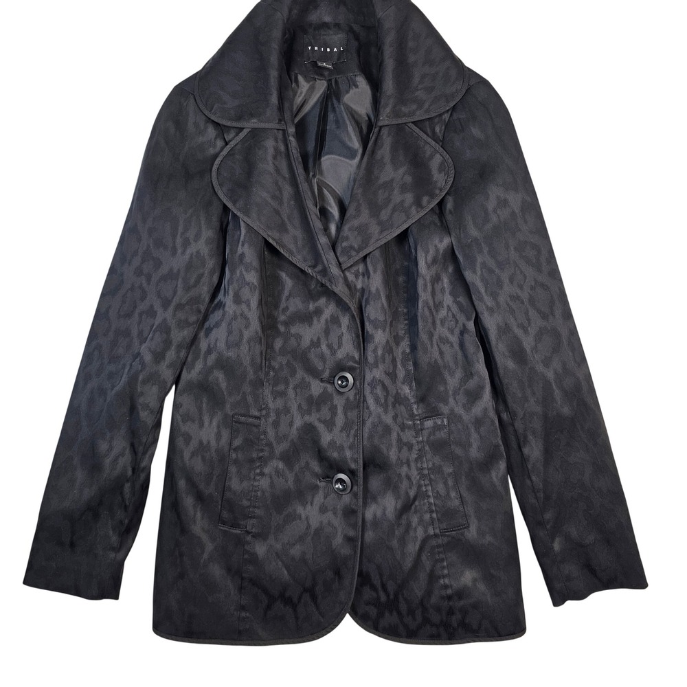 Tribal Womens Black Leopard Print Jacquard Blazer Jacket Size 4 Notched Lapel